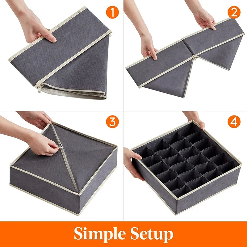 24-Grid Foldable Sock & Underwear Drawer Organizer Bin – Non-Woven Fabric, Stackable, in Gray or Beige