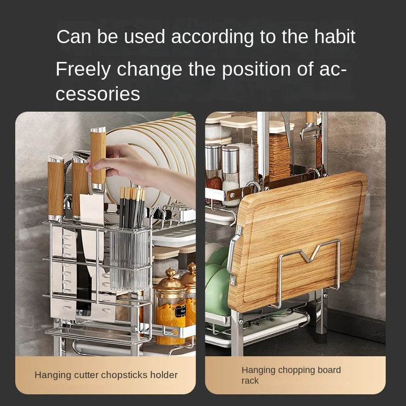 Closeup of adjustable utensil and board holders on metal dish rack
