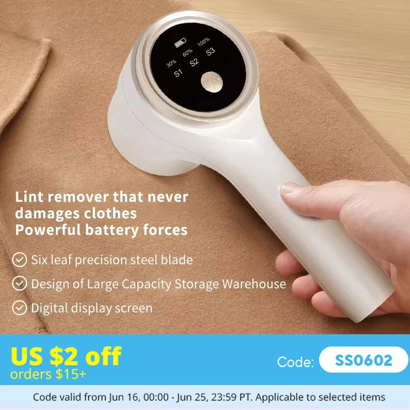 Rechargeable fabric lint remover with digital display used on a coat