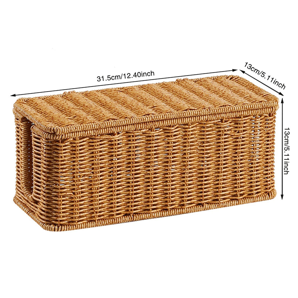 Woven cable storage box with lid and visible size measurements in centimeters and inches