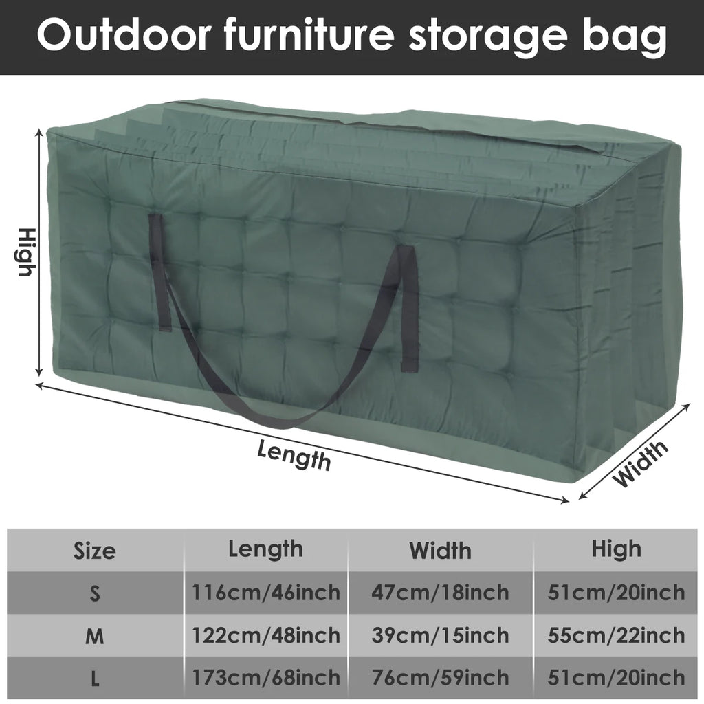 Green outdoor furniture storage bag with visible cushion inside and size chart in centimeters and inches