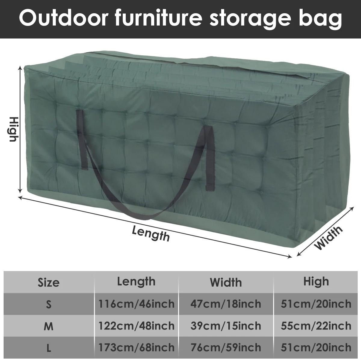 Green outdoor furniture storage bag with visible cushion inside and size chart in centimeters and inches