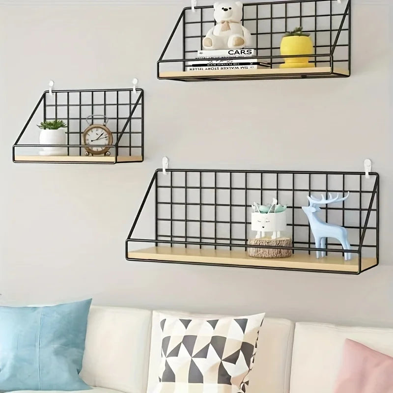 Wall-Mounted Wood & Metal Floating Shelf for Bathroom, Bedroom, or Entryway Organization – Adhesive Installation