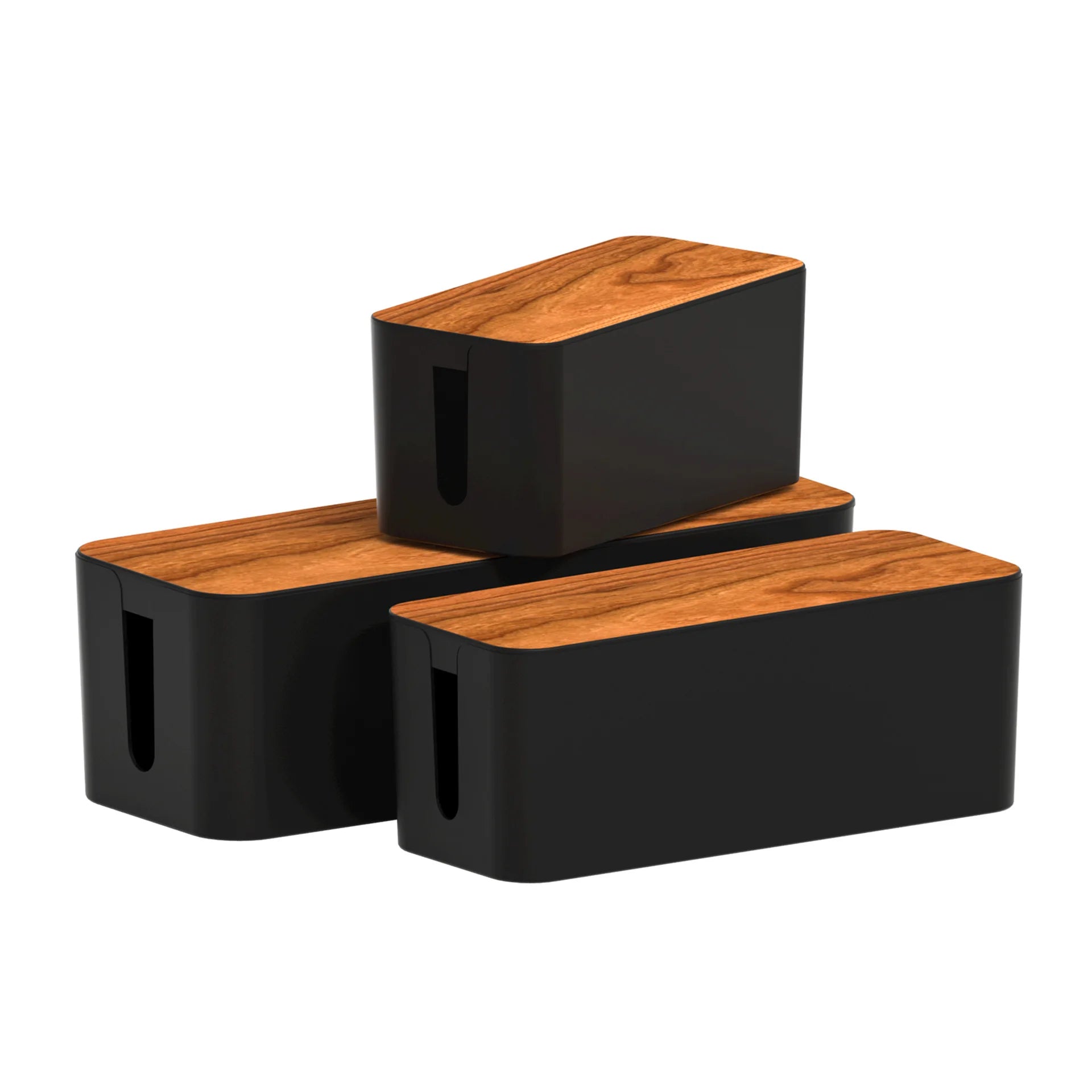 Three cable management boxes with black bases and wood grain lids, stacked