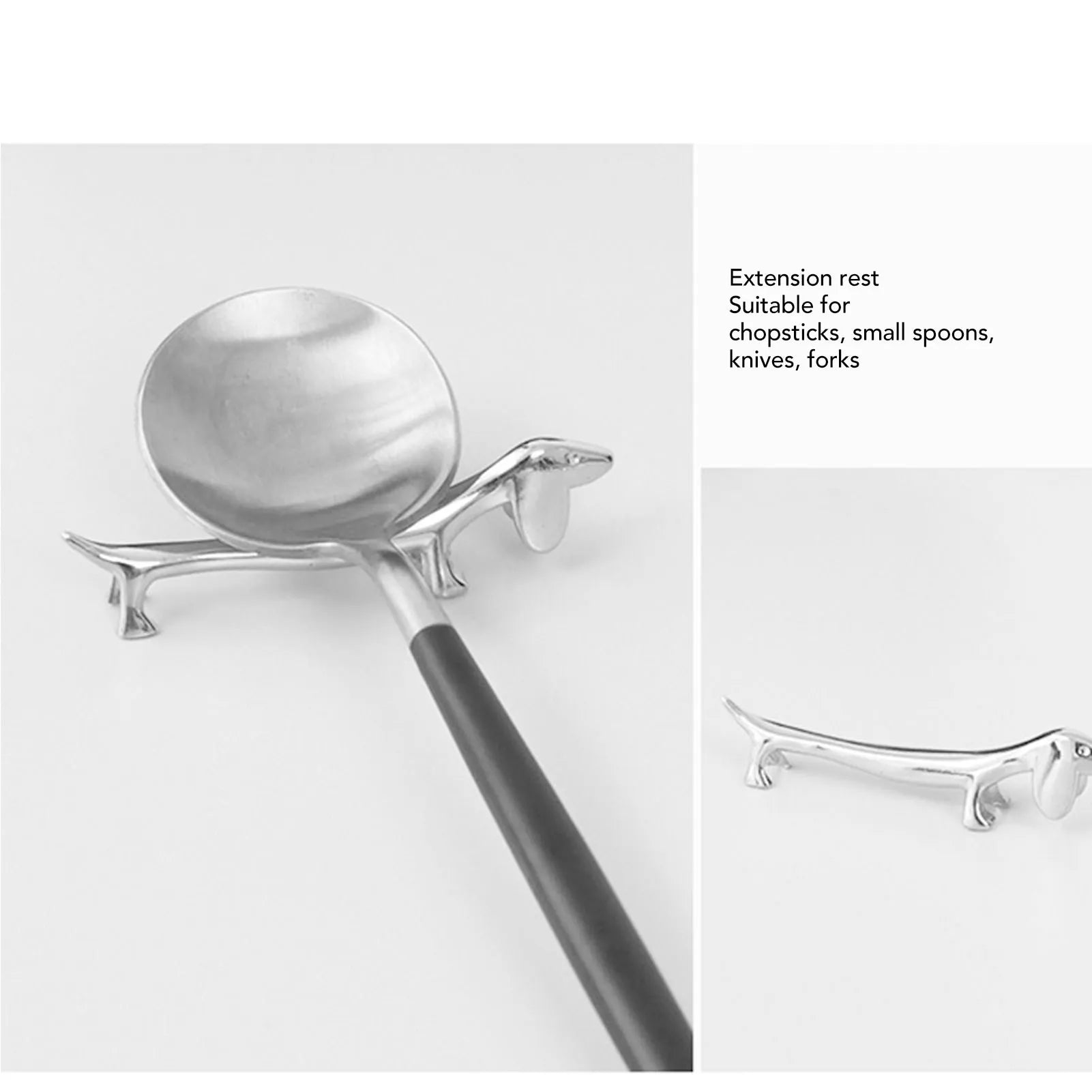 Dog-shaped cutlery rest holding a soup spoon and on its own
