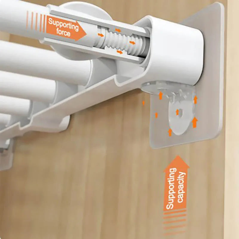 Clear adhesive acrylic bracket supporting a tension rod in a wooden cabinet, with labeled arrows