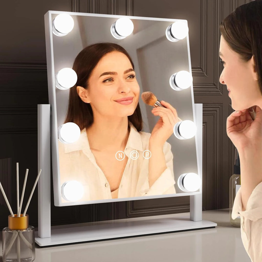 woman using lighted vanity mirror at a bedroom makeup table