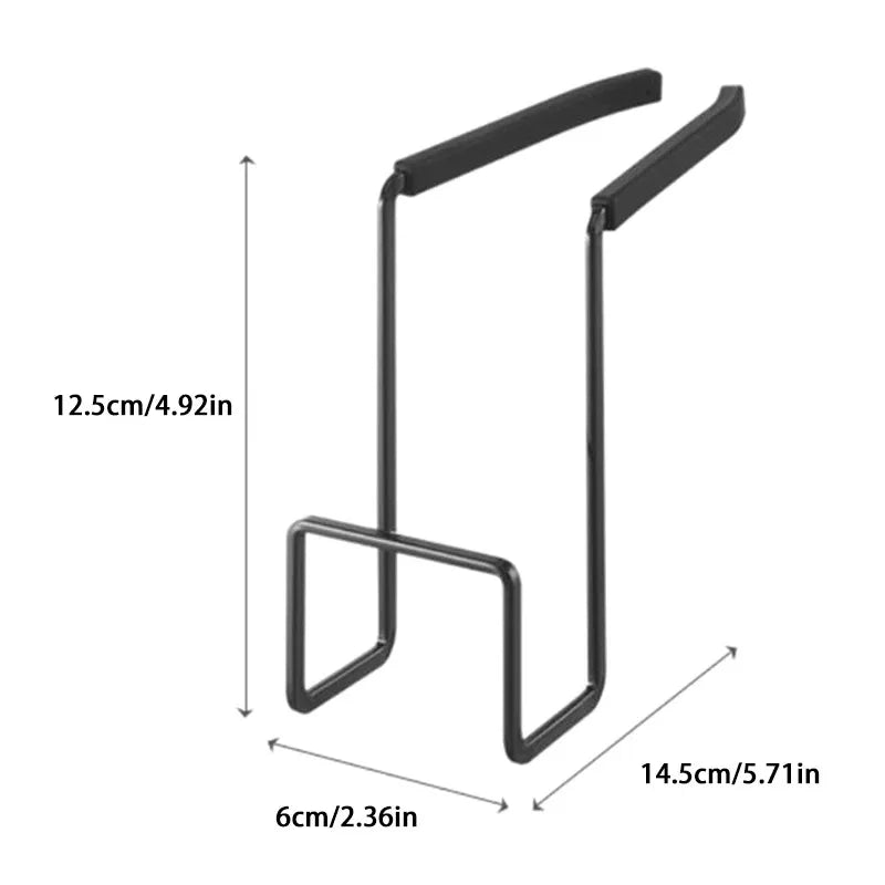 Black metal faucet sponge holder with visible dimensions labeled in centimeters and inches