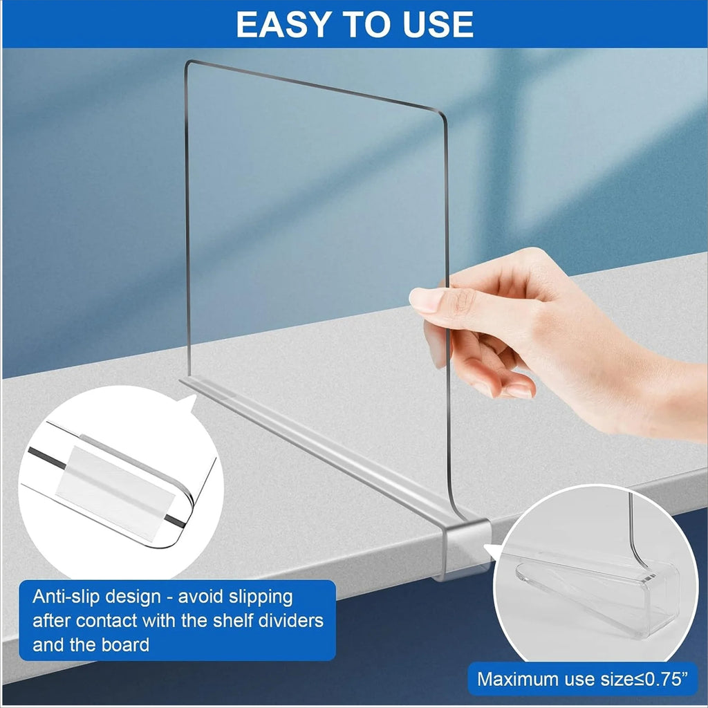 Hand sliding a transparent shelf divider onto a shelf, showing anti-slip hook-on design