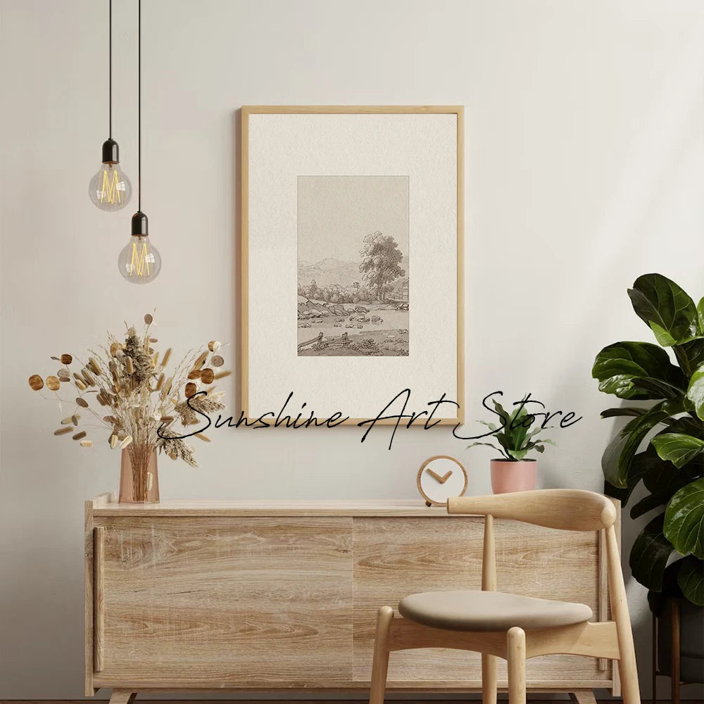 Single neutral canvas landscape art print in a minimalist entryway or console setup