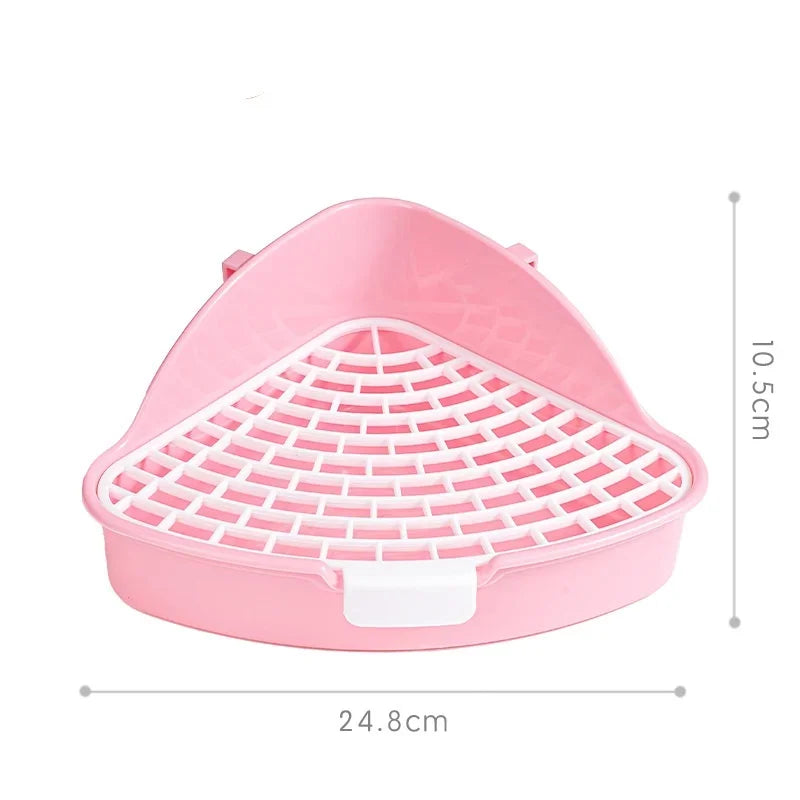 Pink corner litter tray for small animals with size illustration