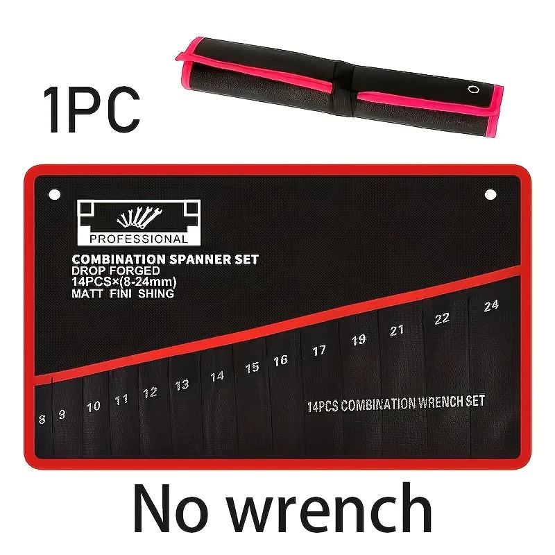 empty black and red edge tool roll organizer displayed rolled up and flat, text indicating product does not include wrenches