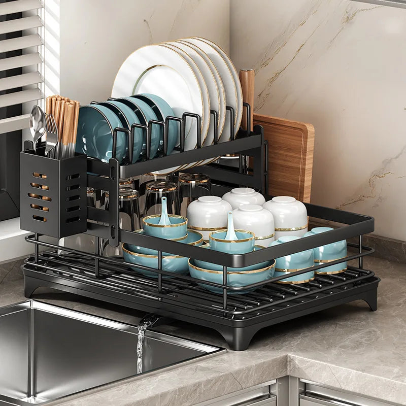 Adjustable 2-Tier Carbon Steel Dish Drying Rack with Drainboard for Kitchen Counter Organization