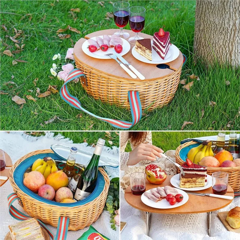 Woven Picnic Basket with Insulated Liner and Portable Table Lid