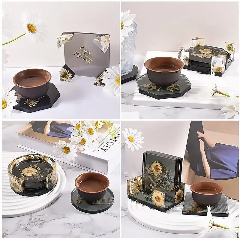 Finished resin coasters in square, round, and octagon shapes displayed on a tabletop