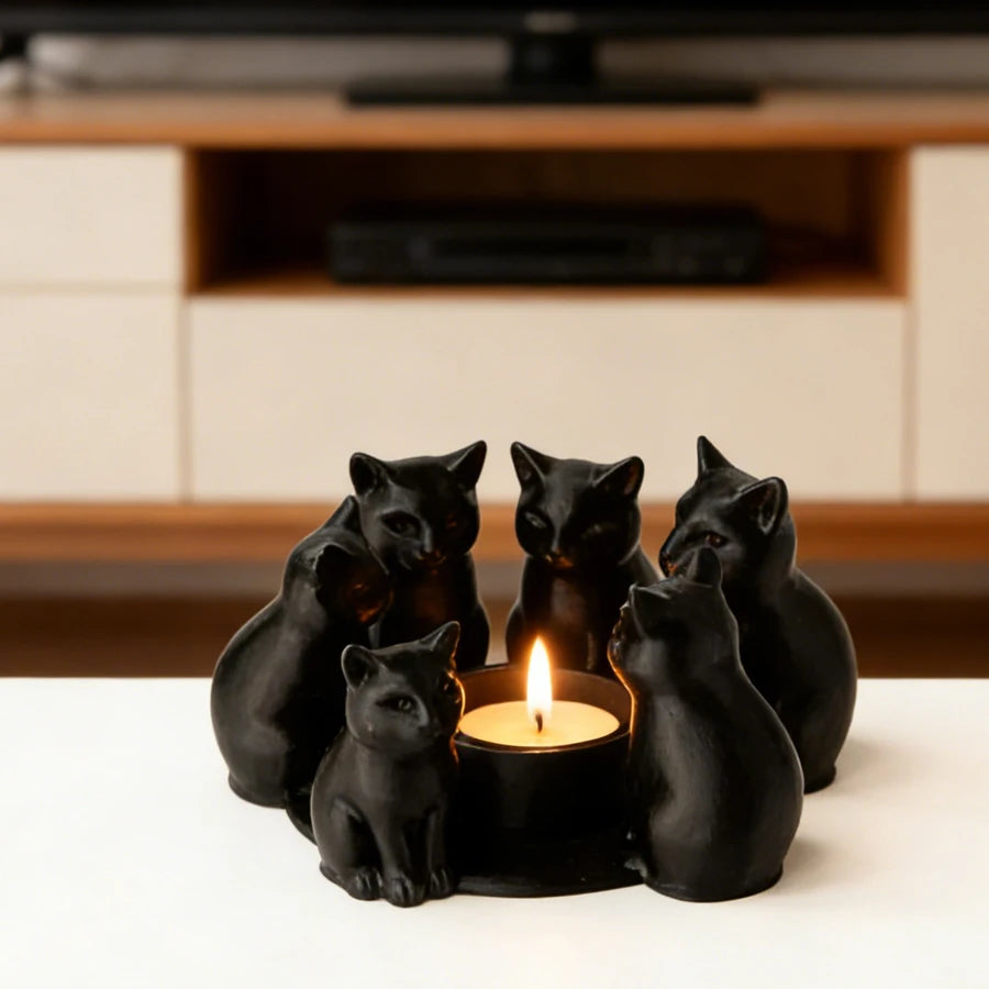 Cat candle holder with tealight burning, placed on a modern white coffee table