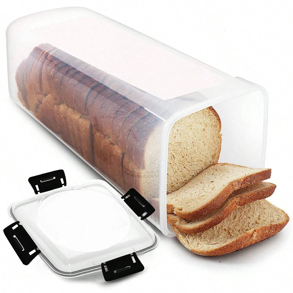 clear airtight bread box with snap-on lid and sandwich loaf inside
