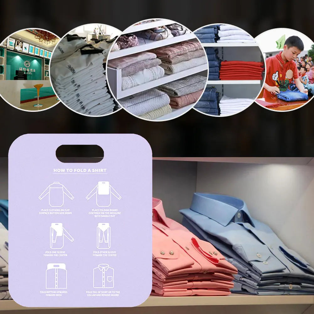 Purple laundry folding board displayed in front of folded clothes in a closet and various laundry or organizing settings
