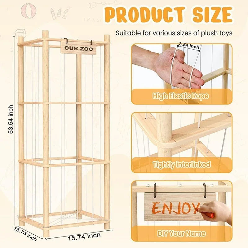 Dimensions and close-ups of elastic rope and wood frame on the tall stuffed animal organizer shelf