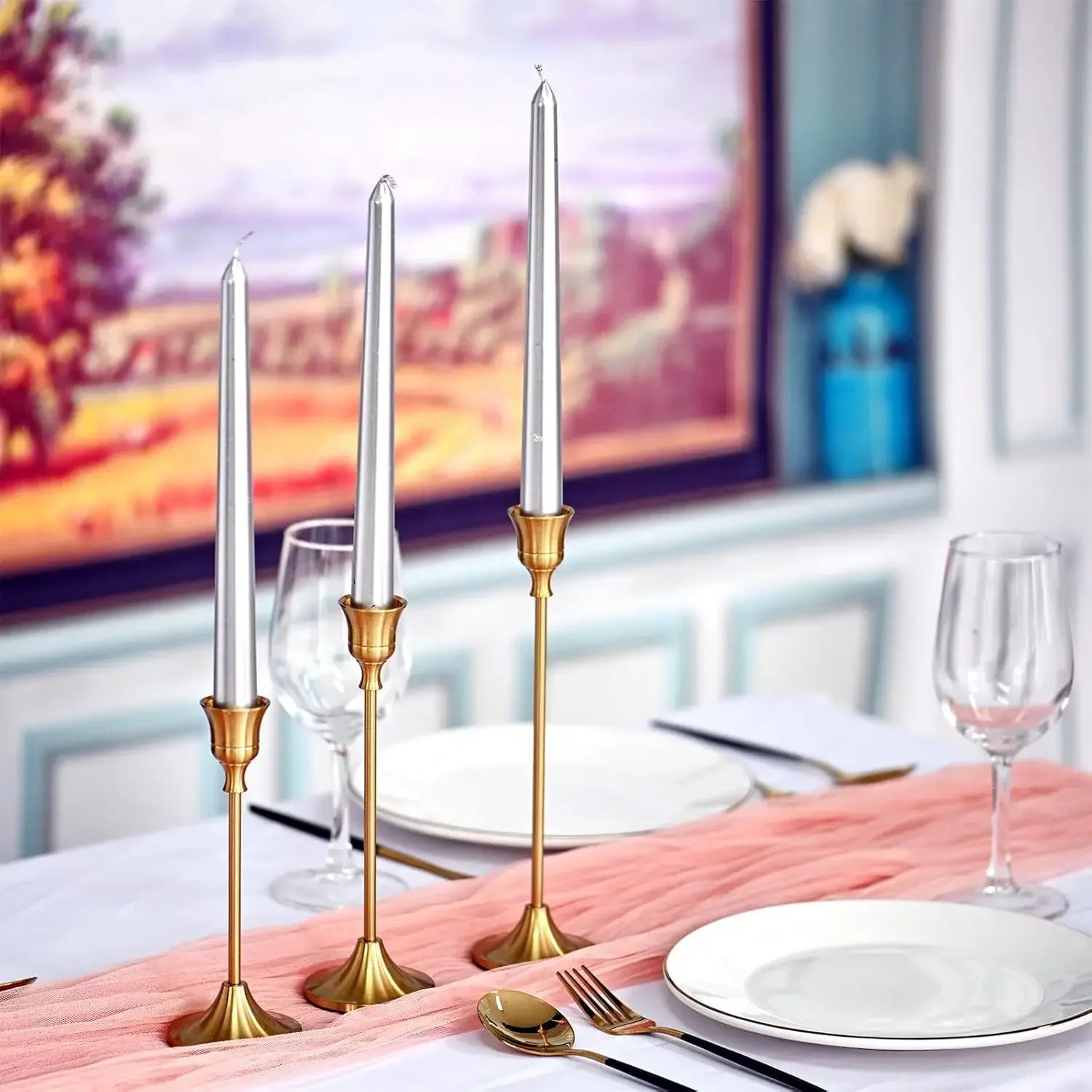 Alden Vintage-Inspired Metal Taper Candle Holders – Set of 3 for Elegant Tabletop Decor in Gold or Copper