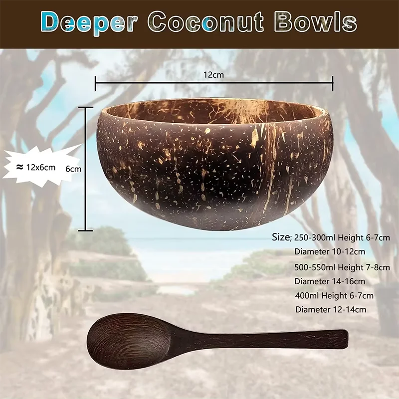 Coconut bowl size chart comparison and matching wooden spoon overview