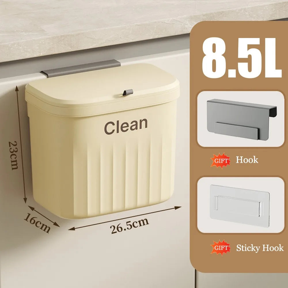 Hanging Kitchen Trash Can with Lid – 8.5L or 12L, Wall or Cabinet Mount