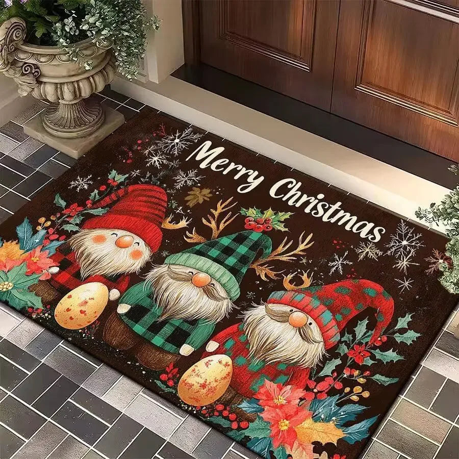 Festive Gnome Merry Christmas Door Mat – Soft Non-Slip Flannel Holiday Entryway Mat