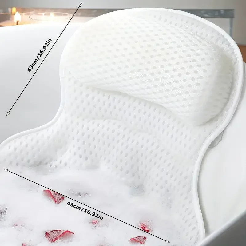 White air mesh bath pillow in bathtub showing size dimensions