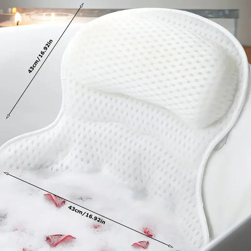 White air mesh bath pillow in bathtub showing size dimensions