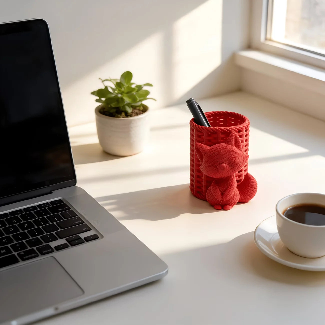red fox pen holder on sunlit desk near laptop and coffee cup