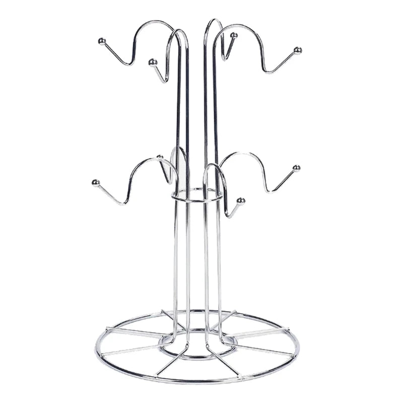 Empty tree-shaped metal mug stand for 8 cups, photographed on a white background