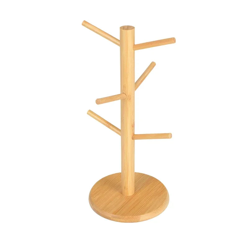 Tree-Style Wooden Mug Holder Stand with 6 Hooks for Kitchen or Coffee Bar