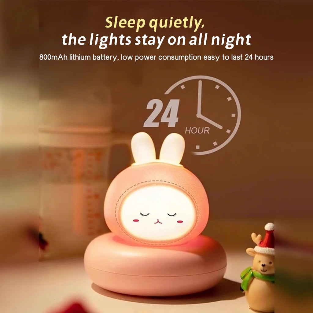 Rabbit night light glowing on a bedside table with 24-hour use illustration