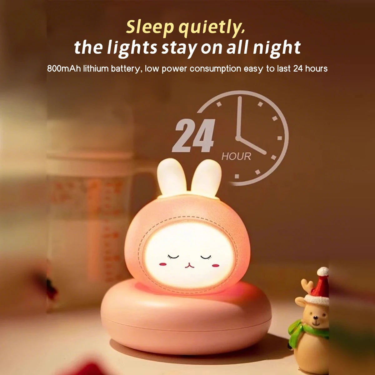 Rabbit night light glowing on a bedside table with 24-hour use illustration