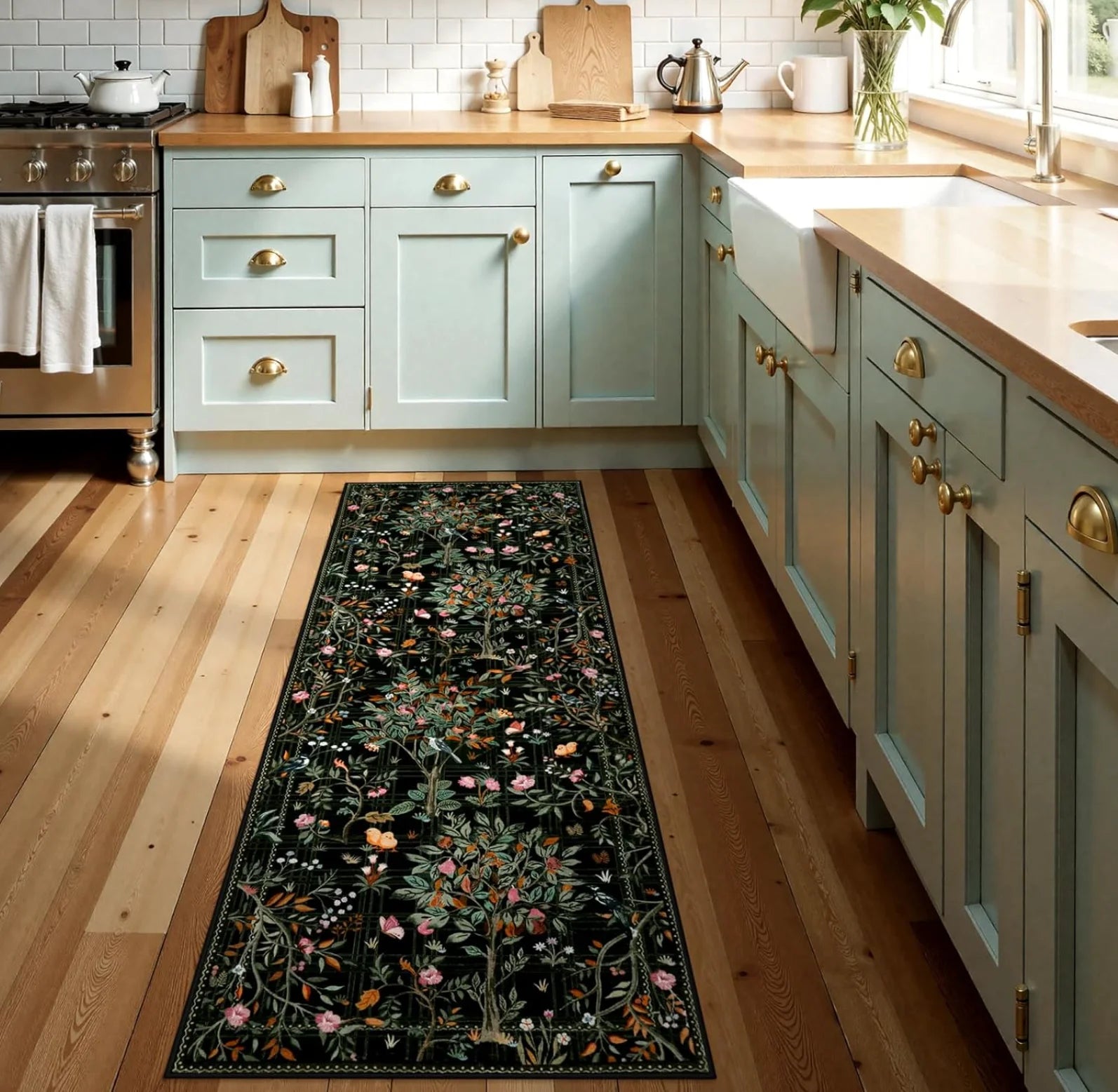 Willowmere Dark Floral Runner Rug for Kitchen, Hallway, or Entryway
