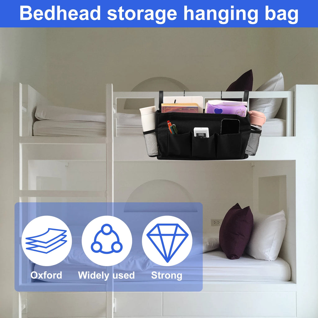 Black bedside caddy organizer hanging on white bunk bed with labeled features