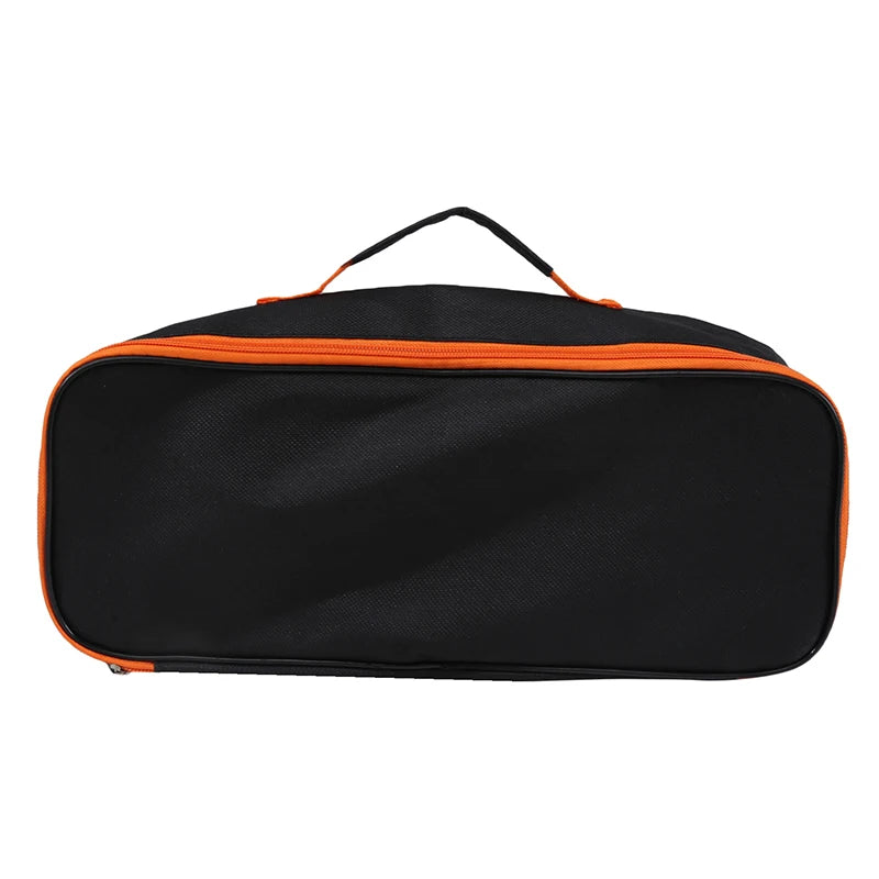 top handle and zipper on black and orange car storage bag