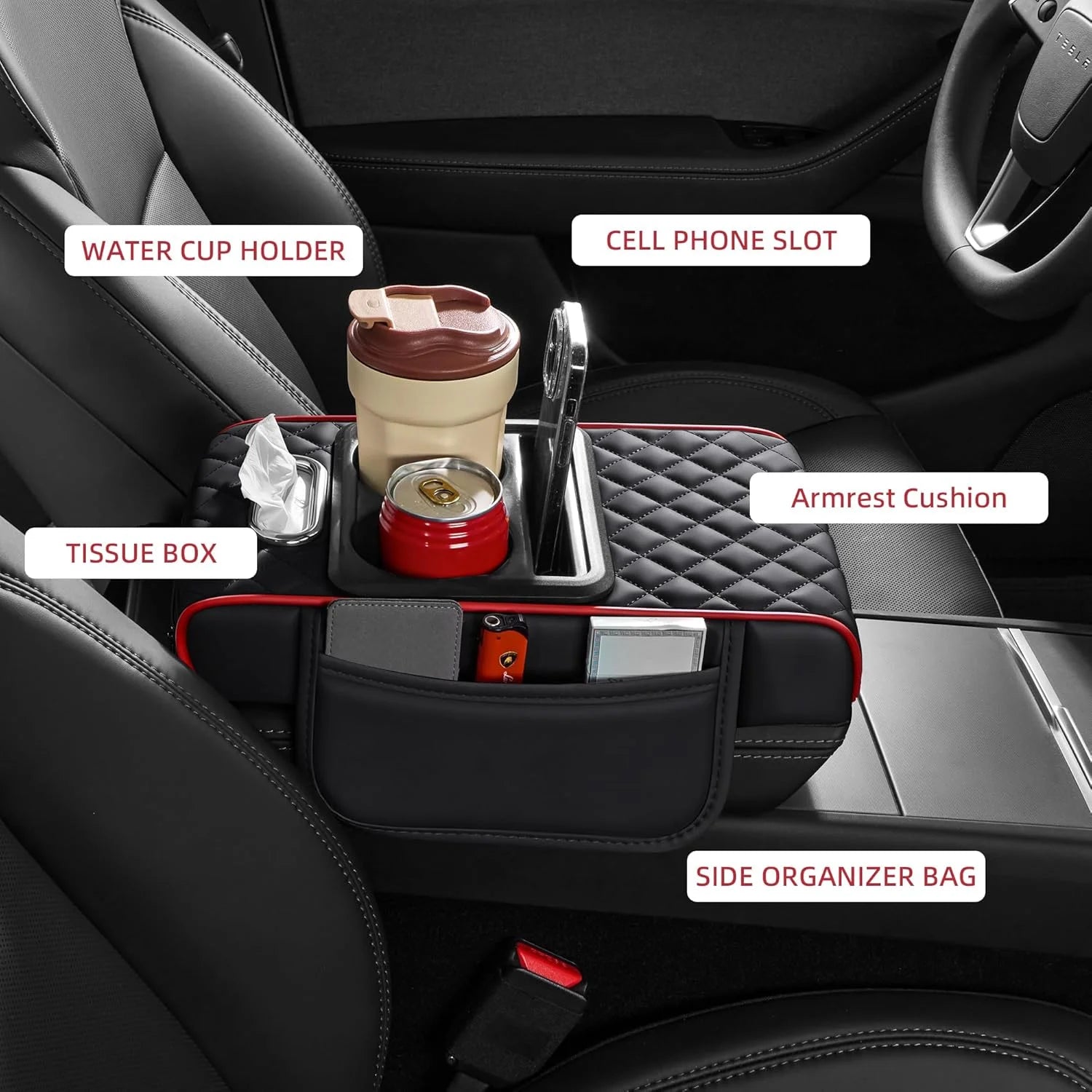 Labeled diagram of car console organizer showing cup holder, phone slot, armrest cushion, tissue box, and side organizer bag in a vehicle