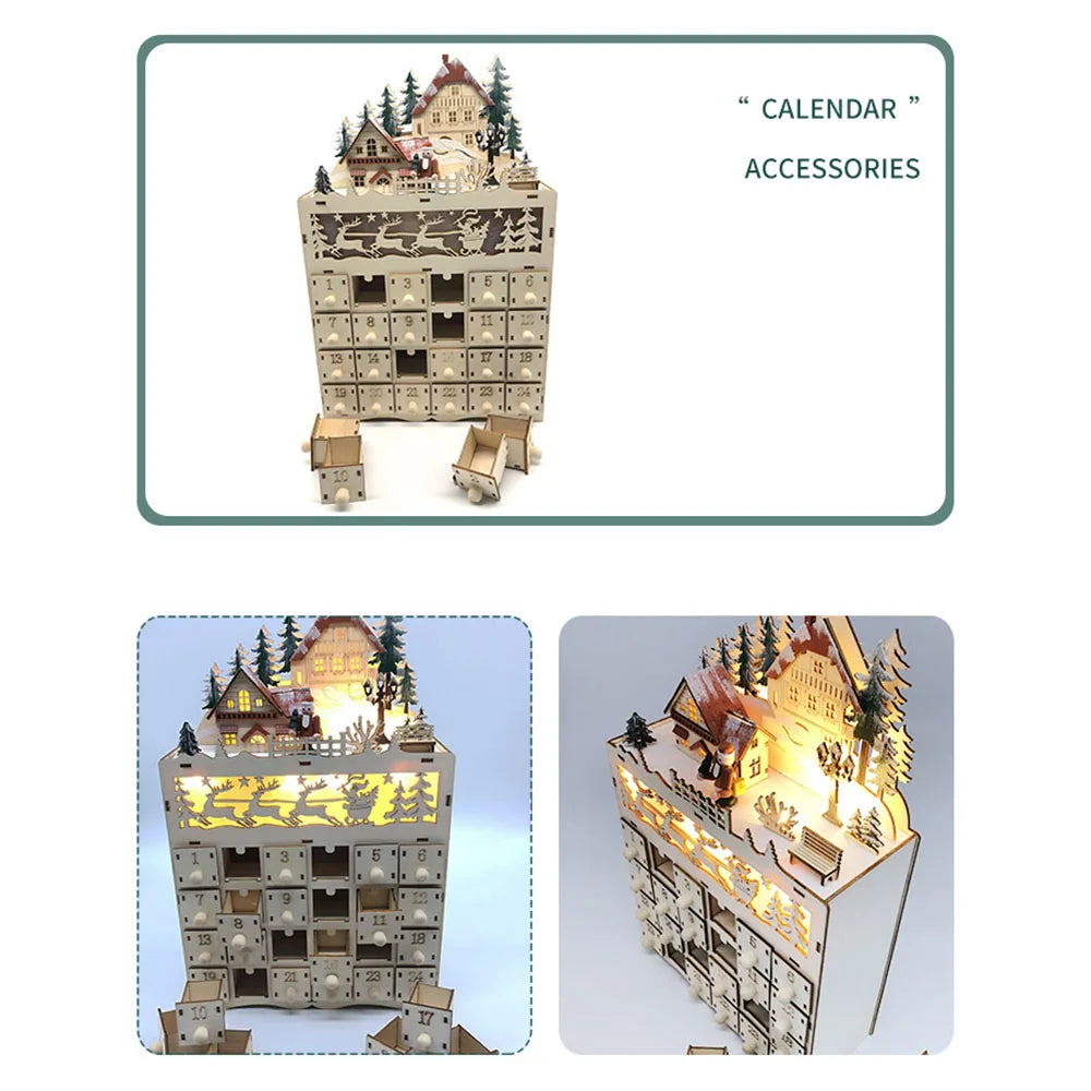 Wooden Christmas Village LED Advent Calendar with 24 Drawers for Living Room Mantel