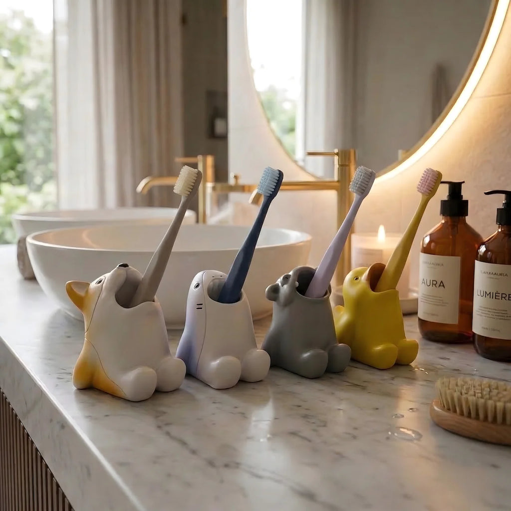 Animal toothbrush holders arranged on a marble bathroom counter beside a sink, with soap dispensers and a candle in the background.