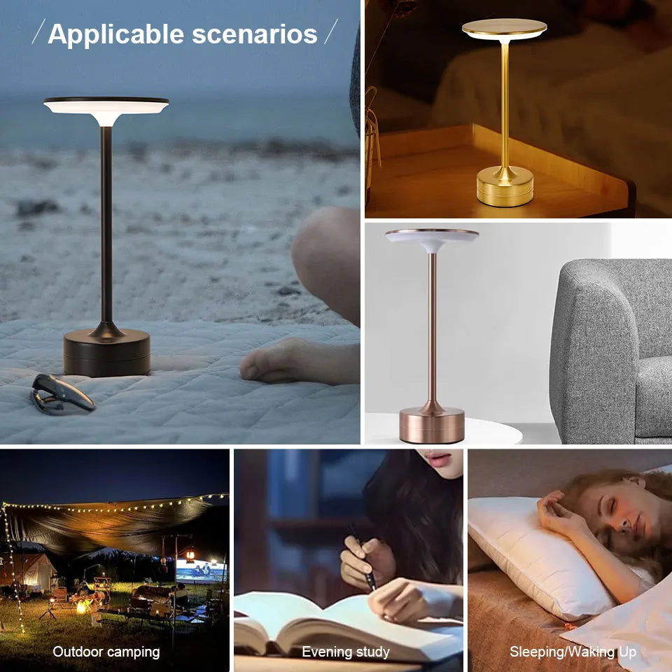 LED touch table lamp in use beside a bed, on a side table by a couch, outdoors, and during study and relaxation