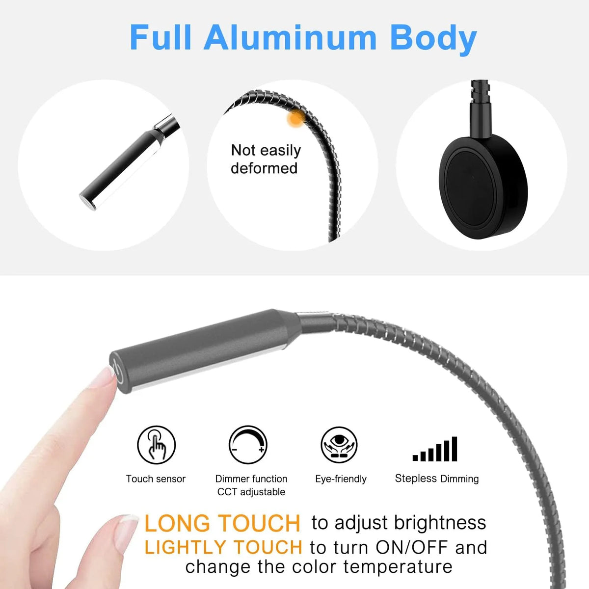 Detail of black touch-control reading lamp with full aluminum body, flexible gooseneck, and button interface for dimming and color temperature adjustment