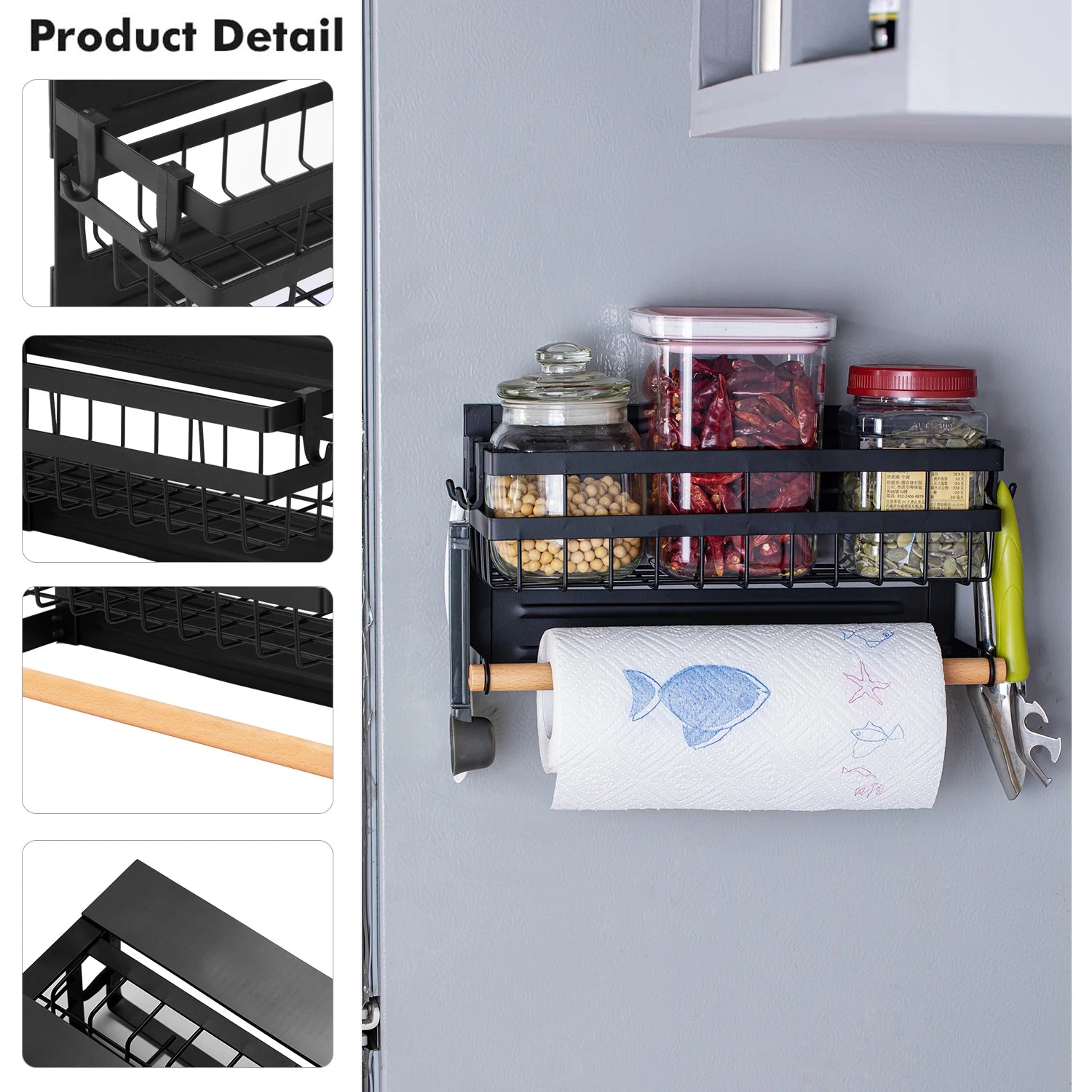 Magnetic spice rack holding jars, paper towel, and utensils on refrigerator