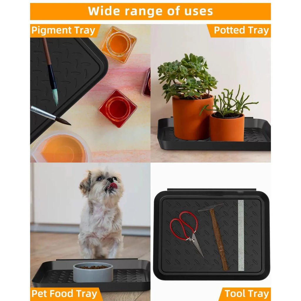 Collage of uses: tray as paint supply holder, potted plant tray, under pet food bowl, and for storing tools