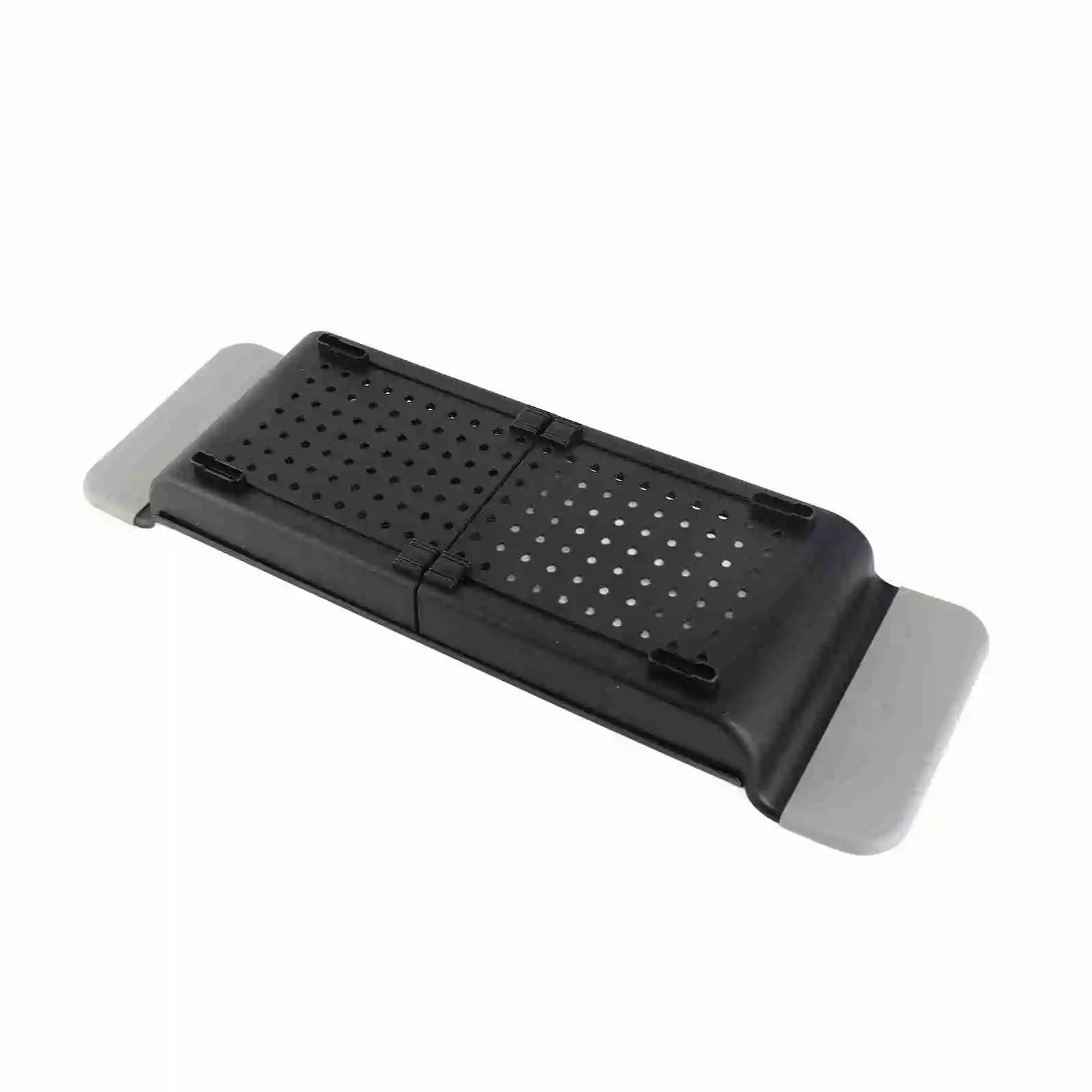 Black expandable bathtub tray shown folded for storage, highlighting draining hole pattern