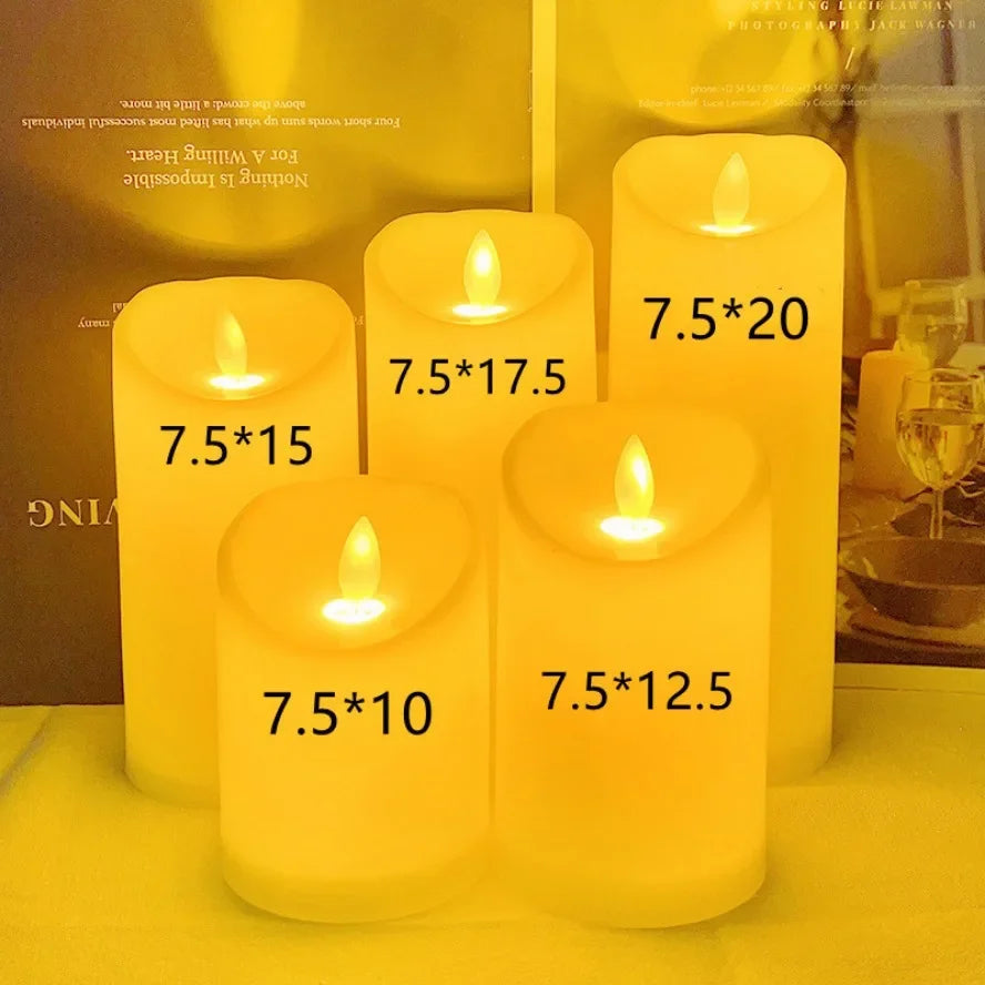 Five sizes of flameless LED pillar candles with warm glow, labeled by height, on a tabletop