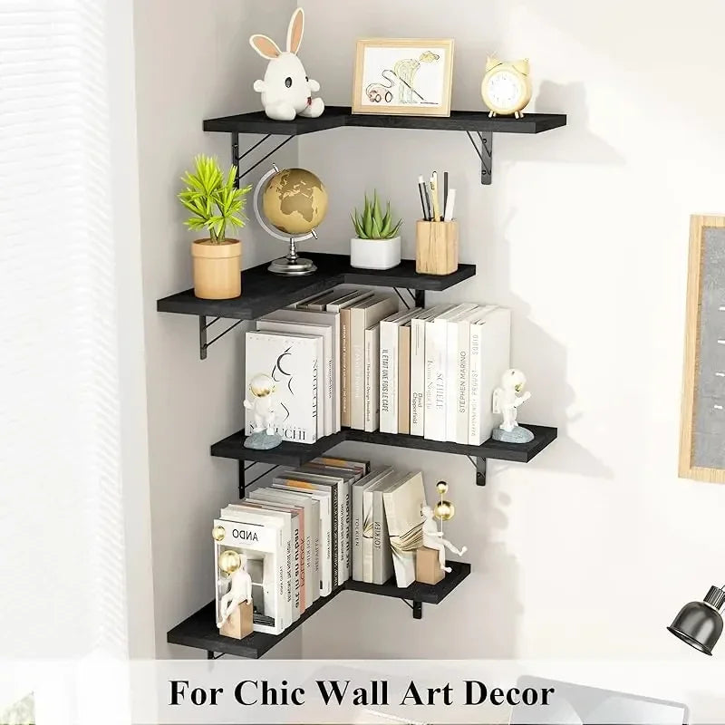 Multi-tiered black wood corner wall shelves styled as chic wall art decor with plants, books, and decorative objects
