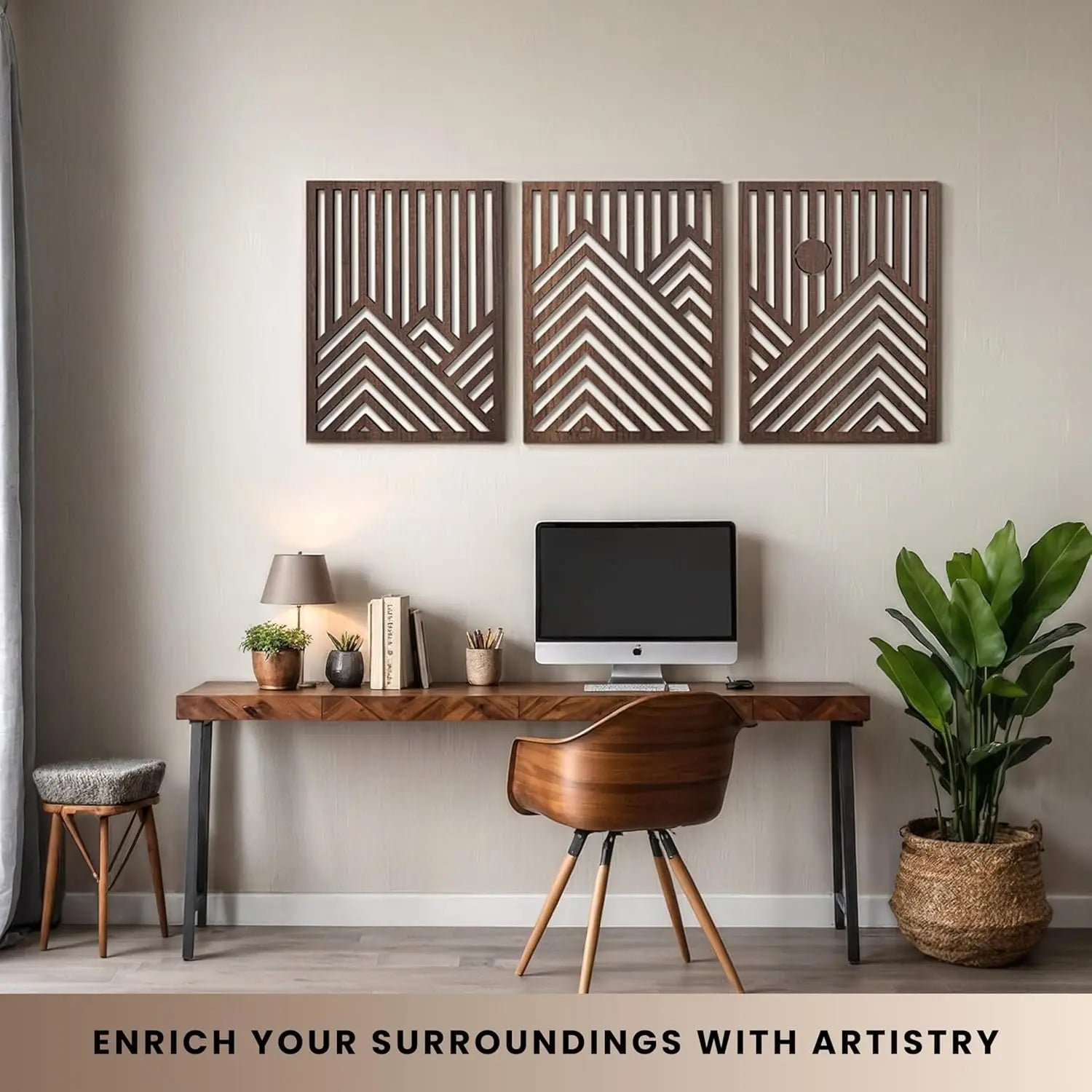 Brown geometric wood wall art panels arranged above a contemporary home office desk
