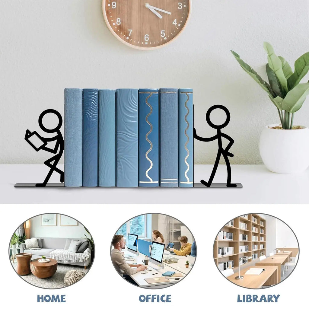 Muse Abstract Metal Bookends – Black Stick Figure Shelf Decor for Home, Office & Study