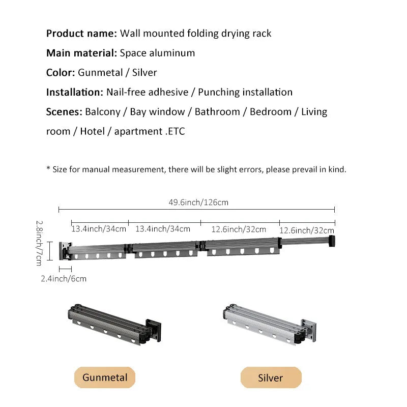 product diagram showing wall-mounted folding drying rack dimensions, material, and color options; includes folded and extended views